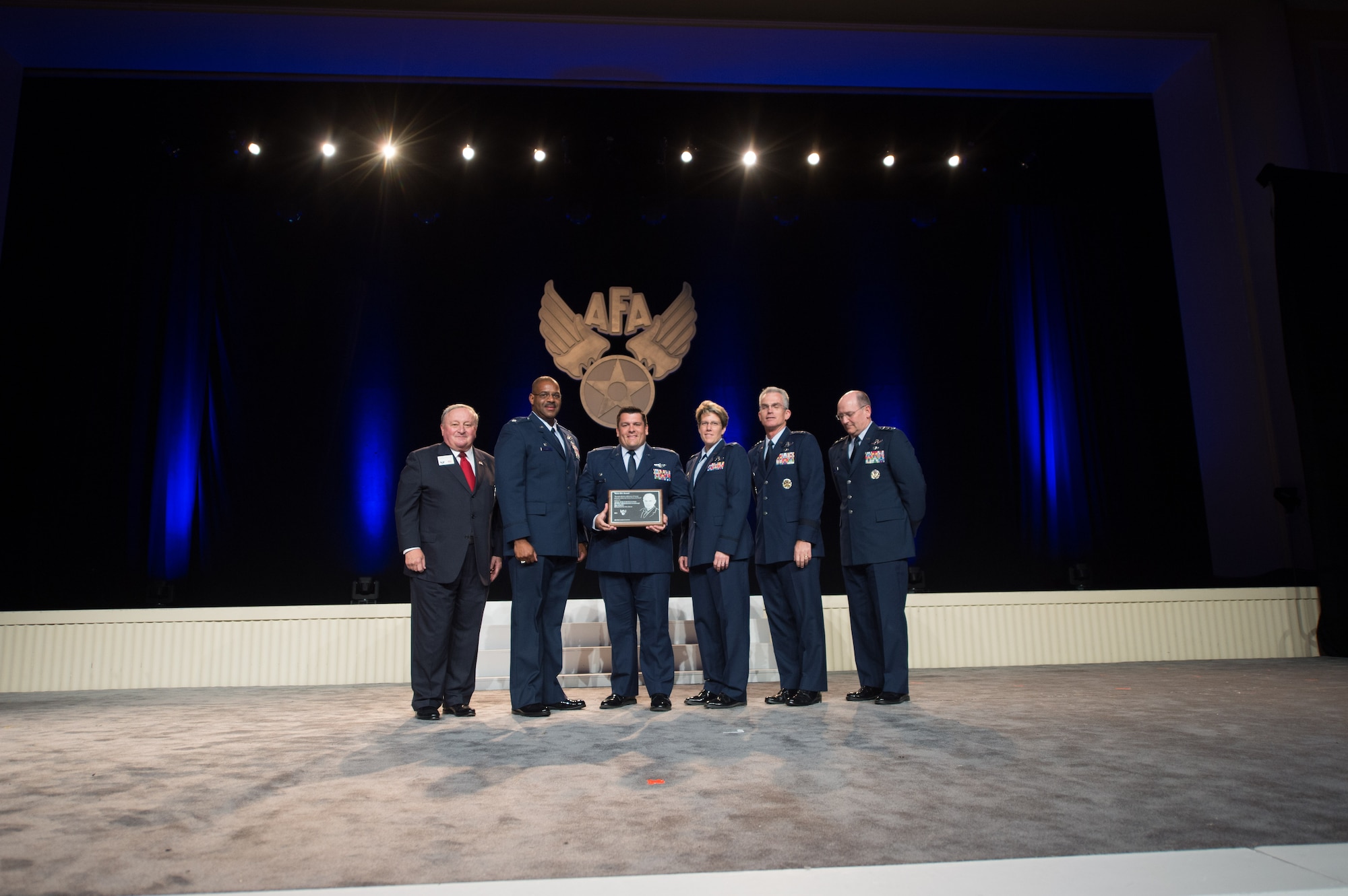 The 931st Operations Support Squadron and the 22nd Operations Support Squadron were recently awarded the Verne Orr award at the Air Force Association's conference in Washington.The award recognizes the best utilization of human resources in the United States Air Force for total force integration. Pictured in the photo (left to right) retired Lt. Gen. George Muellner, chairman, AFA, Lt. Col. Esteban Ramirez, who recently assumed command of the 931st OSS, Lt. Col. Martin Daack, commander, 22nd OSS, Lt. Col. Stacy Wharton, former 931st OSS Commander, Gen. Paul Selva, Air Mobility Command commander, and Lt. Gen. James Jackson, Air Force Reserve Command commander. (Photo courtesy of Air Force Association)