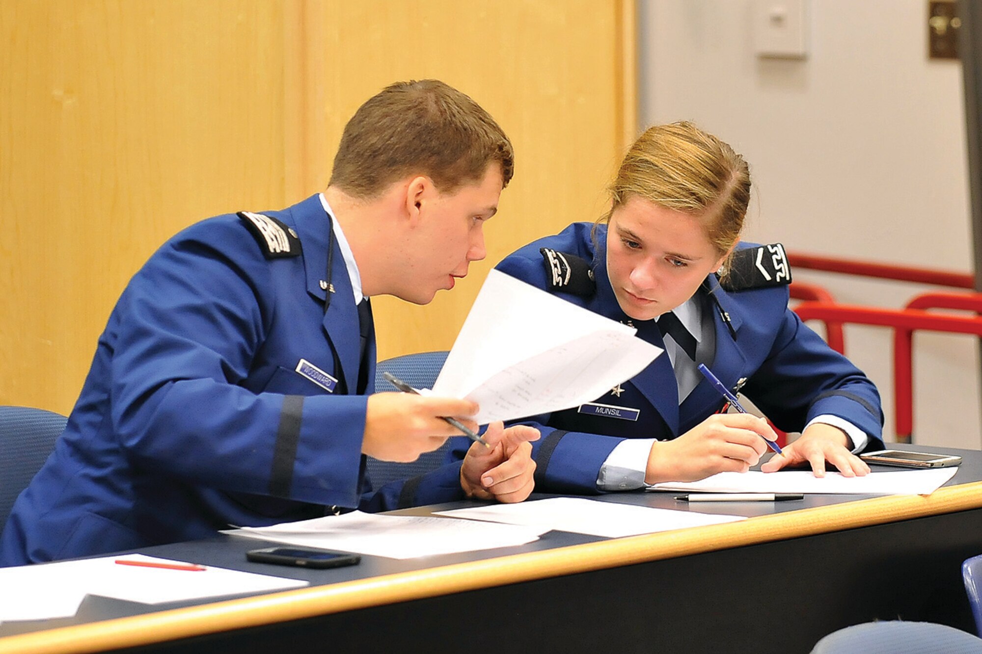Cadet 4th Class Thomas Woodward (left) and Cadet 3rd Class Ellen Munsil prepare to debate at the Forensics Classic in Fairchild Hall Sept. 27. (U.S. Air Force Photo/Liz Copan)