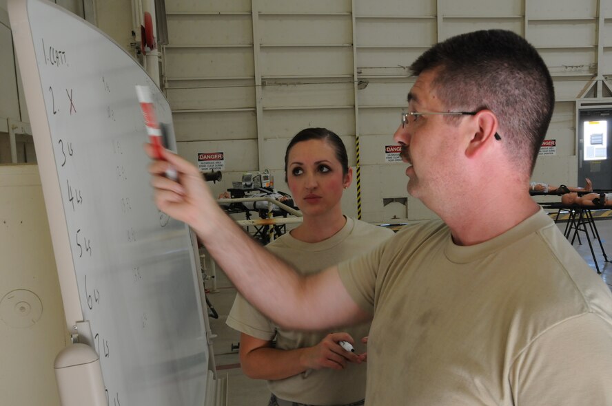 Master Sgt. John Bartram and Staff Sgt. Cassandra Kavanaugh, 944th ASTS, update a status board after receiving patients from CTHVA medical center during Operation Swift Savior, a four-day joint exercise. (U.S. Air Force photo/Staff Sgt. Joshua Nason)
