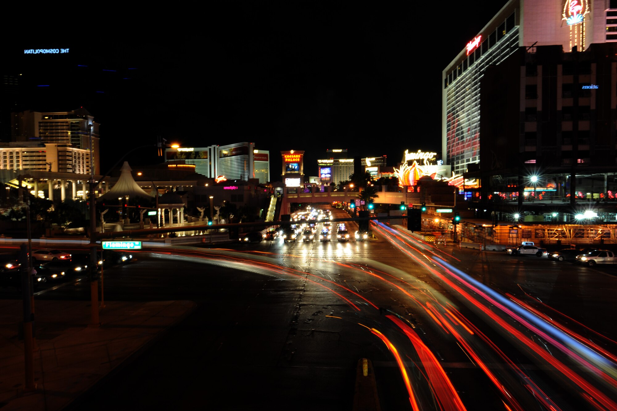 Evening traffic flows at the intersection of Flamingo Road and Las Vegas Boulevard. (U.S. Air Force photo/Staff Sgt. Nestor Cruz)
