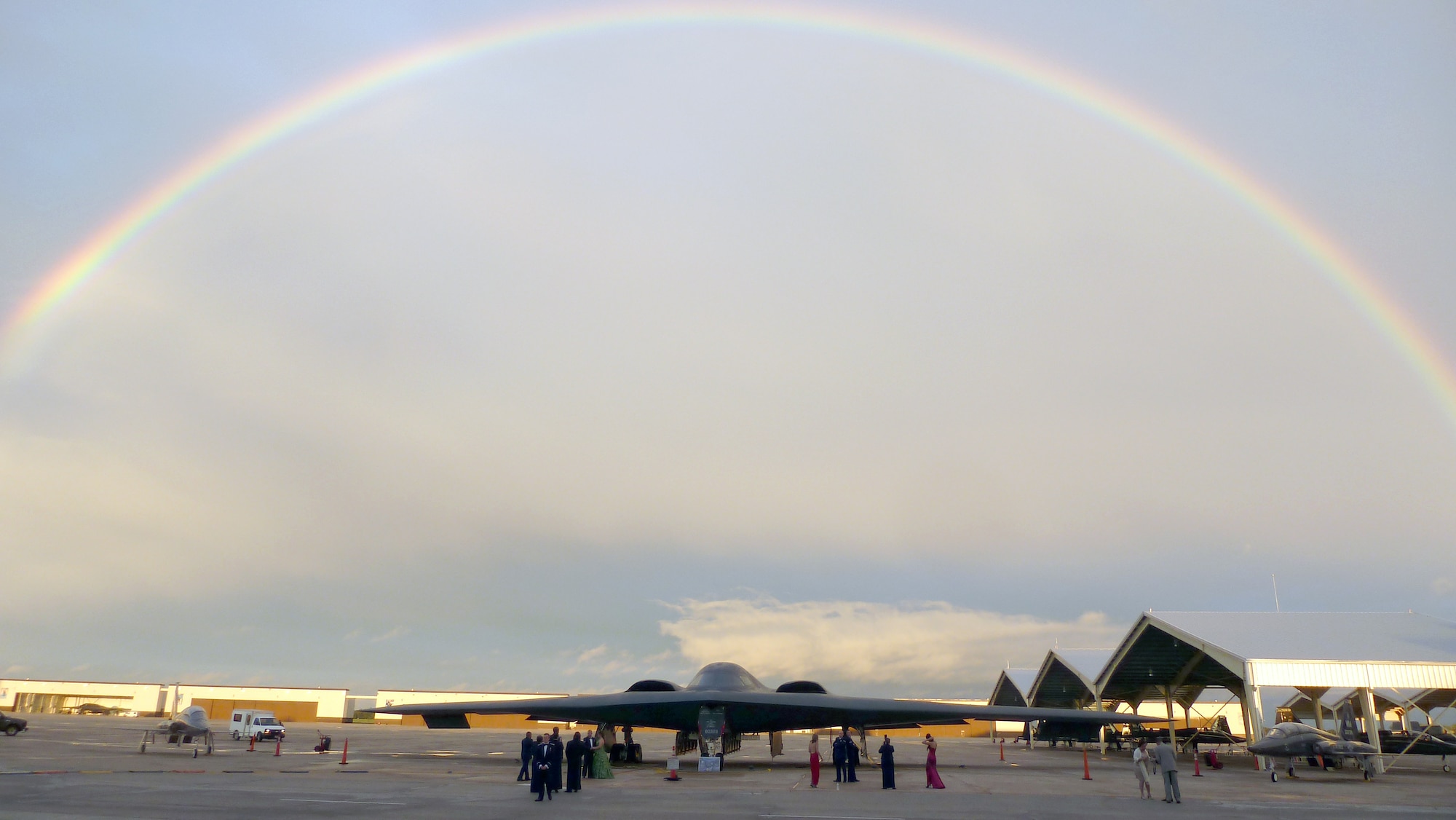 During the Year of the B-2 Gala at Whiteman Air Force Base, Mo., Sept. 28, 2013, a rainbow made a brief appearance over the “Spirit of Missouri.” The gala celebrated the 20th anniversary of the B-2 Spirit stealth bomber, which made its first landing at Whiteman Dec.17, 1993. (U.S. Air Force photo by Master Sgt. Matthew S. Osborn/Released)