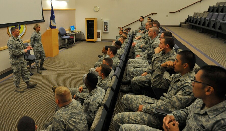 Senior Airman Bryenna Breckheimer, 2012 Air Force Global Strike Command Outstanding Airman of the Year, speaks with Airman Leadership School students at Whiteman Air Force Base, Sept. 25, 2013. One of the purposes of Breckheimer’s visit was to gather ideas from Whiteman Airmen to help improve AFGSC. (U.S. Air Force photo by Airman 1st Class Keenan Berry/Released)