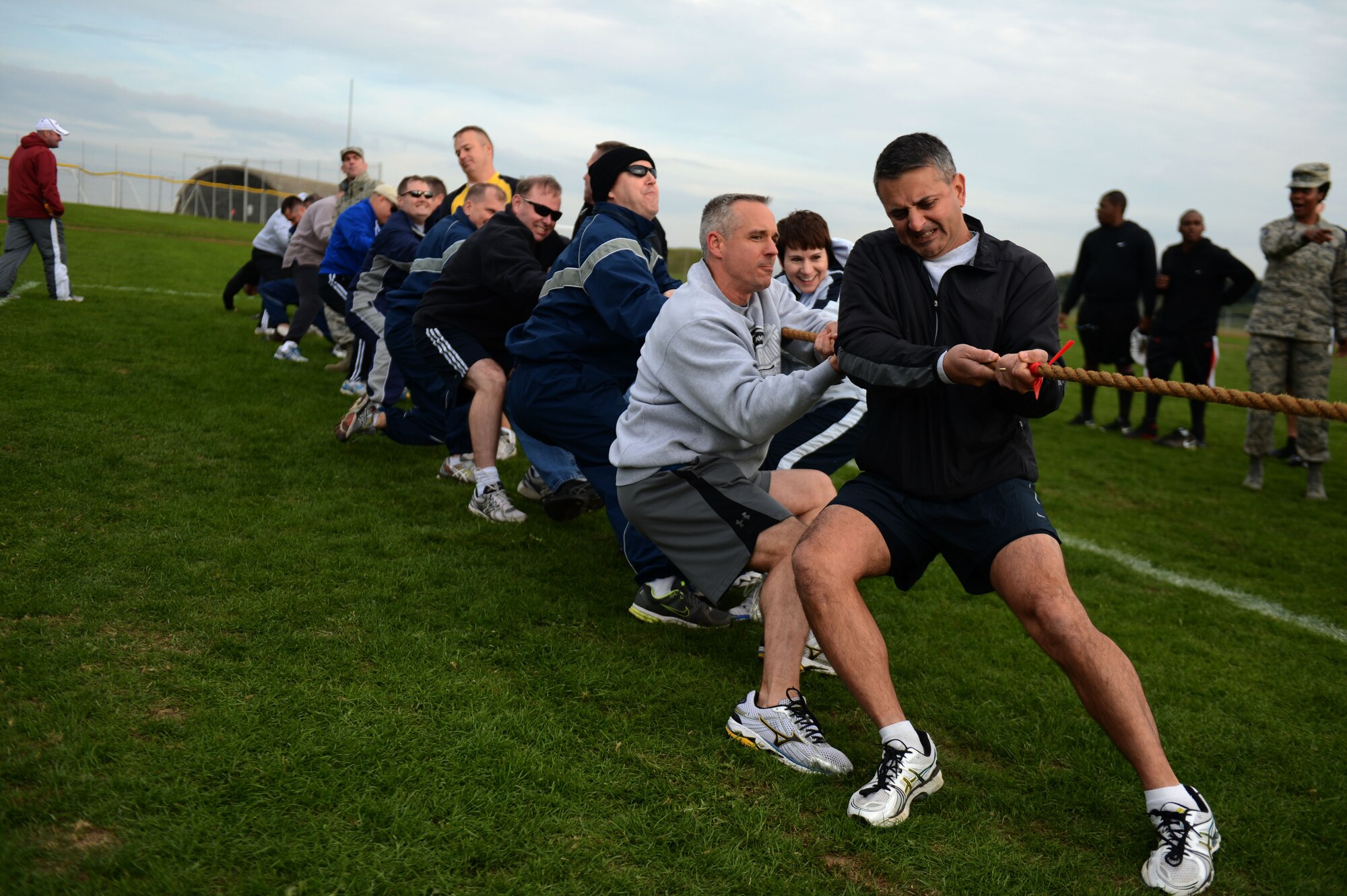 SPANGDAHLEM AIR BASE, Germany – Wing leadership participate in a leadership tug of war during Spangdahlem’s Sports Day Oct. 3, 2013. Squadron commanders battled against enlisted leadership as part of the final events of the Sports Day. (U.S. Air Force photo by Airman 1st Class Gustavo Castillo/Released)