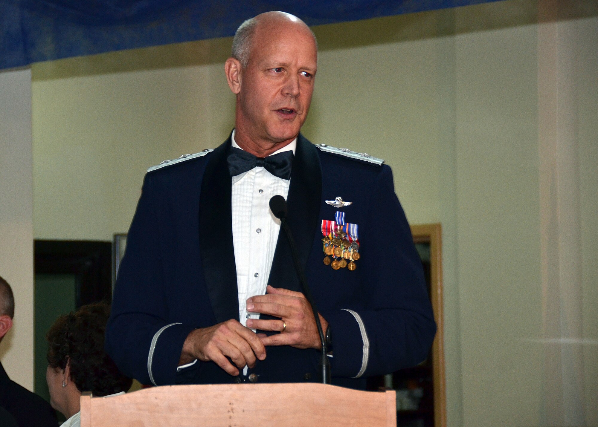 Maj. Gen. Thomas. P. Harwood addresses attendies at the 64th Air Expeditioanry Group annual Air Force Ball celebrating the service’s 66th year in Southwest Asia, Sept. 20, 2013. Harwood is the U.S. Central Command U.S. Millitary Training Mission chief to the host nation. (U.S. Air Force photo/Staff Sgt. Jason Colbert)