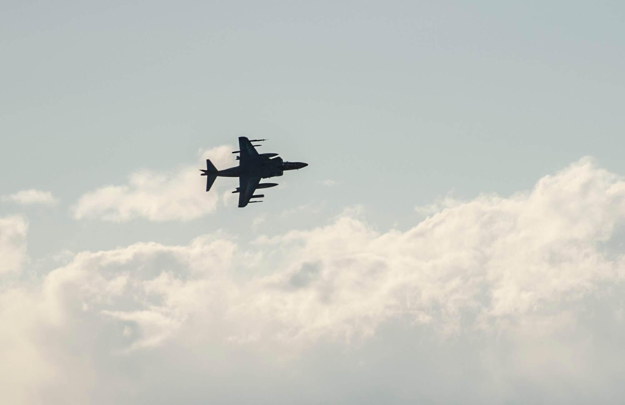 A U.S. Navy AV8-B Harrier buzzes a simulated enemy as a show of force, prior to returning and dropping a simulated bomb on target, Oct. 2, 2013, during exercise Mountain Roundup 2013. More than 300 Germans and Canadians, and an equal number of U.S. Navy, Marine Corps, Army and Air Force are participating in ground operations, close-air support, urban combatives, convoy operations, basic fighter maneuvers, counter air and multiple air-to-air training scenarios. (U.S. Air Force photo by Master Sgt. Kevin Wallace/RELEASED)