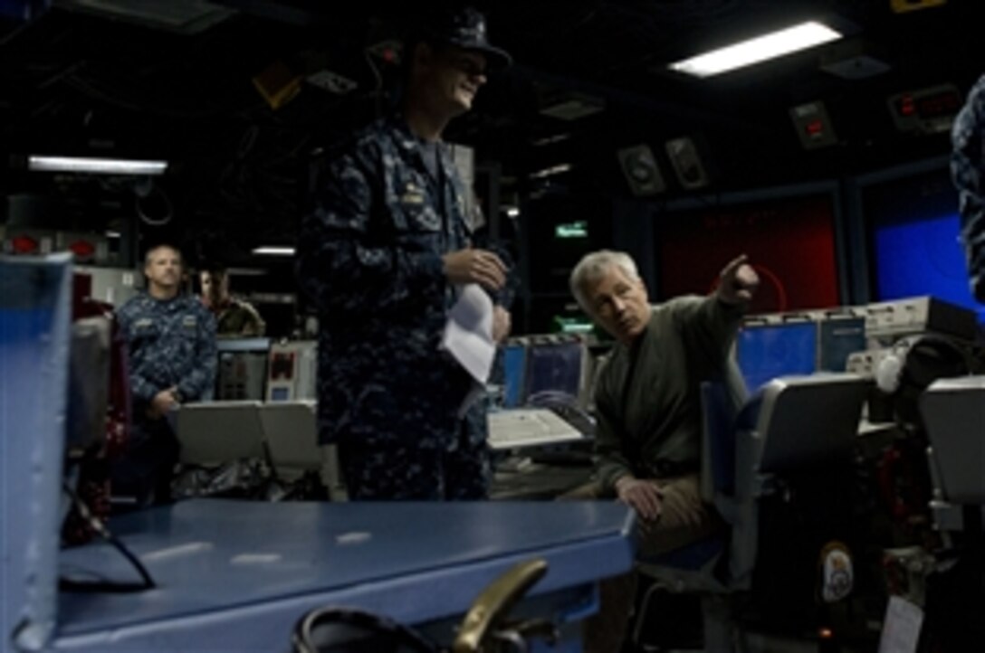 U.S. Defense Secretary Chuck Hagel comments during a briefing aboard the USS Stethem in port on Yokosuka Naval Base near Tokyo, Oct. 4, 2013. Hagel spoke to crew members to thank them for their service and answer questions.