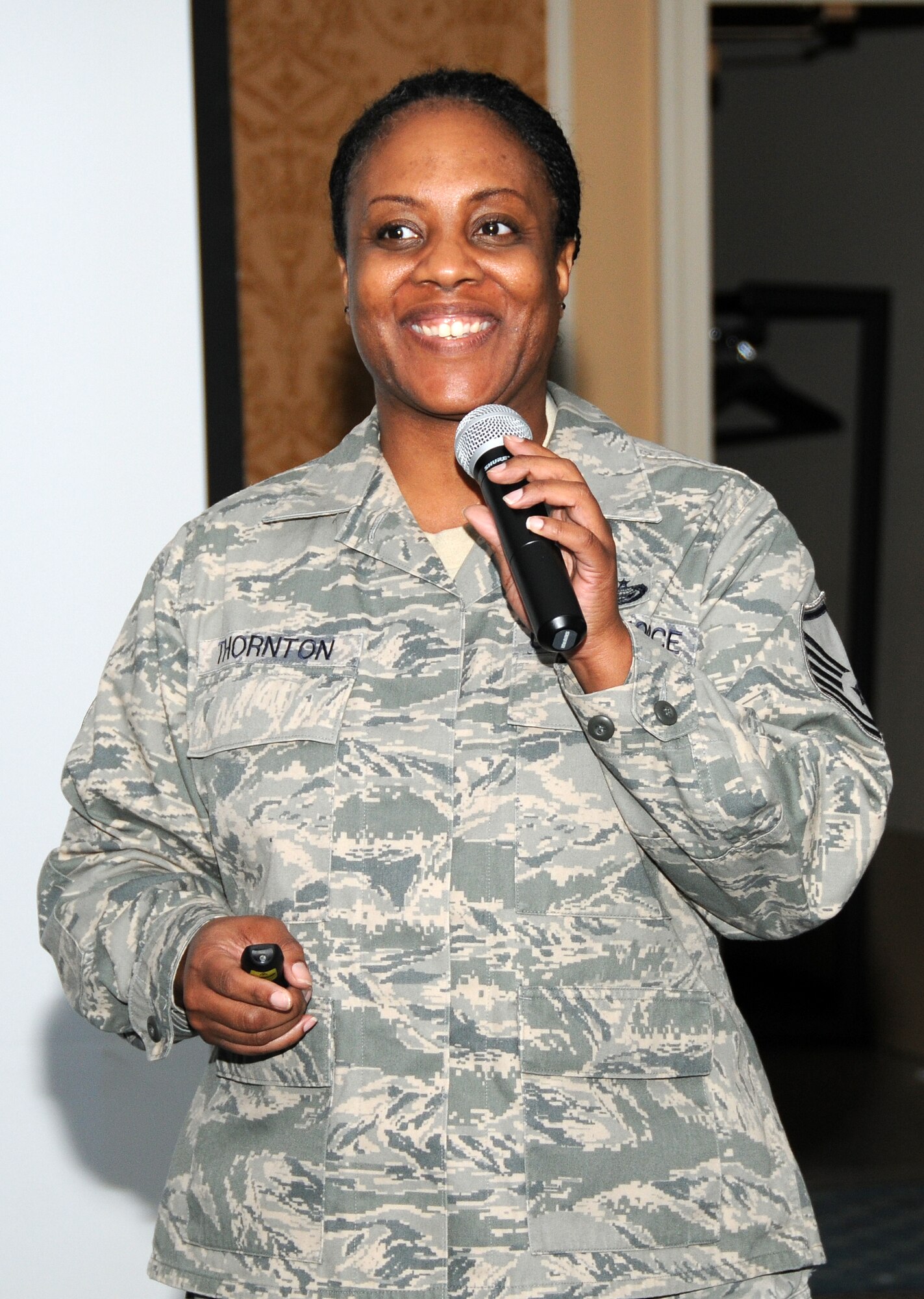 Master Sgt. Tesha S. Thornton, 192D Fighter Wing Military Equal Opportunity Office Technician, briefs Airmen on policies and regulations regarding human relations, diversity, equal opportunity, and POSH during the unit’s wing-wide ancillary training, September 15, 2013. Airmen of the unit received briefings on various topics including cultural considerations, professional and unprofessional relationships, and law of armed conflict. (U.S. Air National Guard photo by Master Sgt. Carlos J. Claudio/Released)