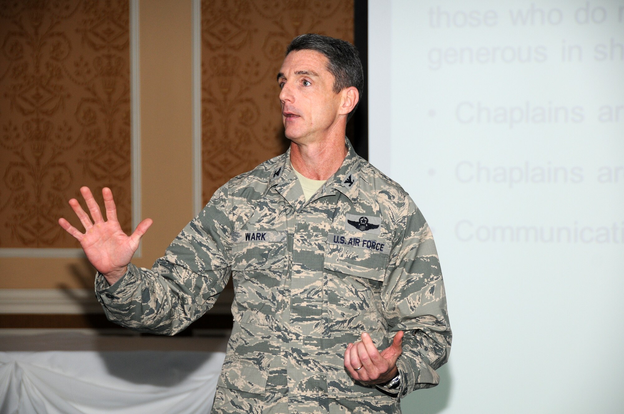 Col. Keith Wark, 192D Fighter Wing commander, kicked off the wing-wide ancillary training day for  the 192D Fighter Wing members, September 15, 2013. Airmen received briefings on various topics including cultural considerations, professional and unprofessional relationships, law of armed conflict, suicide prevention, and human relations. (U.S. Air National Guard photo by Master Sgt. Carlos J. Claudio/Released)