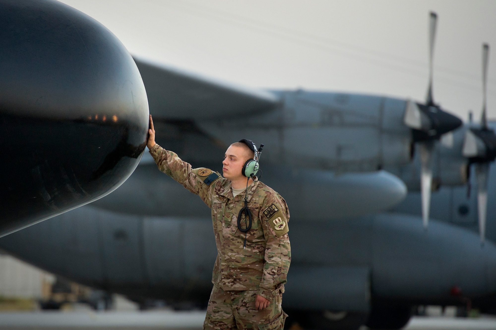 Senior Airman Bryan Heidel, 774th Expeditionary Airlift Squadron crew chief, readies to launch a C-130 Hercules cargo plane at Bagram Air Field, Afghanistan, Sept. 28, 2013. This mission marked a retrograde milestone as the 774th EAS transported the last cargo from Forward Operating Base Sharana, Paktika province, Afghanistan, before the base is transferred to the Afghan Ministry of Defense. Heidle, a Rockville, Ill., native, is deployed from Little Rock Air Force Base, Ark.
(USAF Photo/Master Sgt. Ben Bloker)