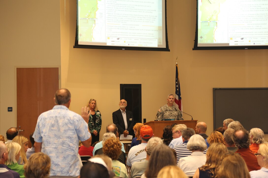 (From right) Lt. Col. Thomas Greco, deputy commander for south Florida, Tom Teets, SFWMD federal policy chief and Kim Taplin, CEPP branch chief, respond to questions during the Sept. 19 public meeting in Stuart, Fla. 