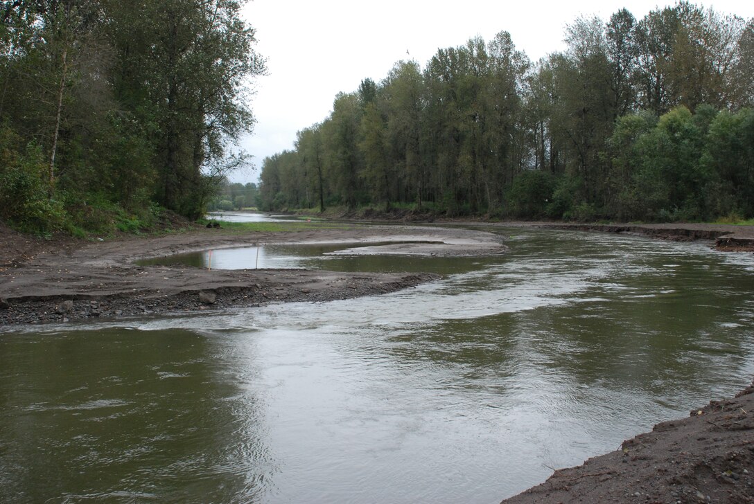 The Sandy River flows past where an eight foot dam used to be. The Corps and its partners Portland Water Bureau and the U.S. Forest Service began removing the dam Sept. 18. The restoration project should be complete by Oct. 30, 2013.