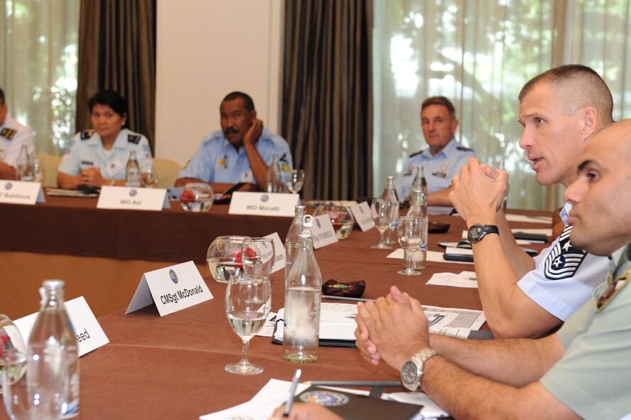 Chief Master Sgt. Steve McDonald, PACAF’s Command Chief Master Sergeant, speaks to senior enlisted representatives from 16 nations Sept. 11, 2013,at the Senior Enlisted Leadership Conference held in conjunction with the annual Pacific Rim Airpower Symposium, at Bangkok, Thailand. The symposium, held from Sept. 9 through 12, encourages relationship building and enhances cooperation among the air forces of Pacific nations.