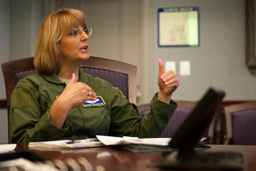 Maj. Gen. Margaret Woodward, Director of the Headquarters Sexual Assault Prevention and Response Office, answers questions from Airmen at Holloman Air Force Base, N.M., Oct. 4, from a Pentagon conference room in Washington during the SAPR Senior Leader Web Chat.  The web chat, which is part of the Vice Chief of Staff's Every Airman Counts initiative, provided an opportunity for Airmen of Holloman to directly ask questions regarding sexual assault to senior leadership.  (U.S. Air Force photo by Staff Sergeant Carlin Leslie)