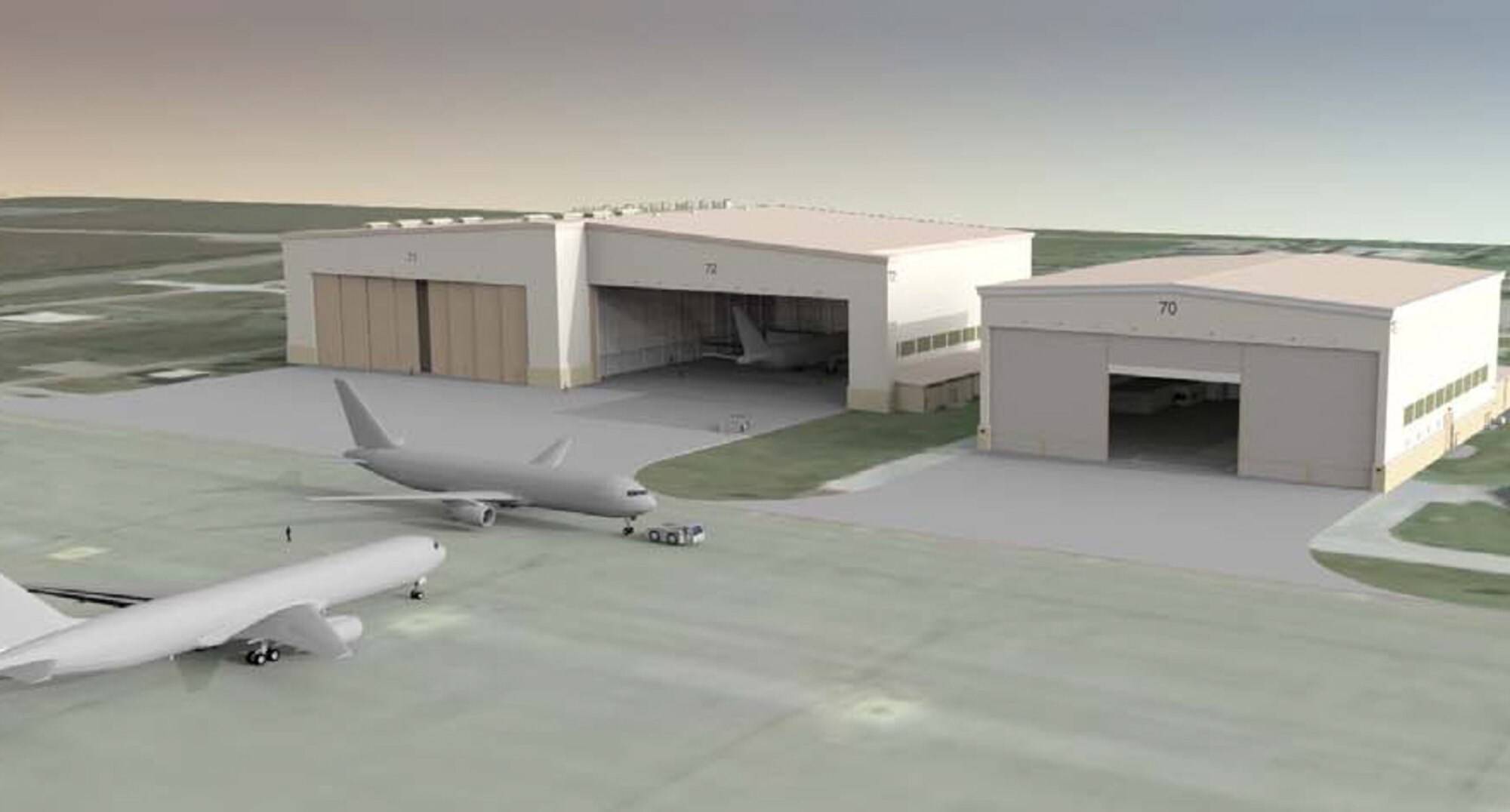 JOINT BASE SAN ANTONIO LACKLAND, Texas. – New one- and two-bay hangars, as depicted in this artist's rendering for McConnell Air Force Base, Kansas, will be necessary for bedding down the Air Force’s new KC-46A tanker fleet. The first aircraft are scheduled to be delivered in 2016. (Courtesy graphic)