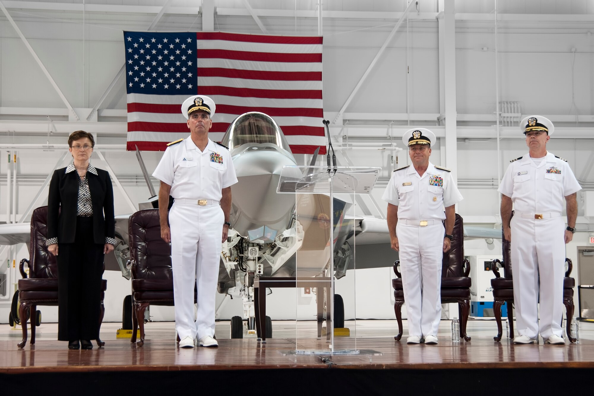Lorraine Martin, Lockheed Martin Executive Vice President and General Manager of the F-35 Program; Navy Vice Adm. David Buss, Commander, Naval Air Forces; Navy Adm. William Gortney, Commander, U.S. Fleet Forces Command and Navy Cmdr. Steven Orren were keynote speakers at the Navy's F-35C rollout ceremony Oct. 1 at the Navy's VFA-101 hangar, 33rd Fighter Wing, Eglin Air Force Base, Fla. (Courtesy Photo/Lockheed Martin)