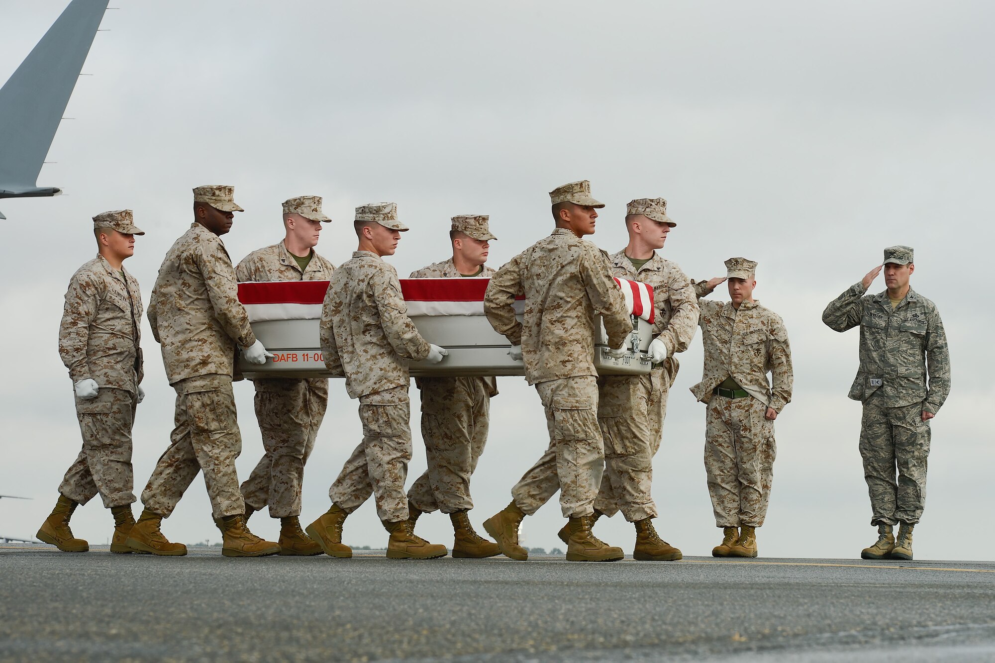 A U.S. Marine Corps carry team transfers the remains of Lance Cpl. Jeremiah M. Collins Jr., of Milwaukee, Wis., Oct. 7, 2013 at Dover Air Force Base, Del. Collins was assigned to Combat Logistics Regiment 2, 2nd Marine Expeditionary Force (Forward). (U.S. Air Force photo/Greg L. Davis)