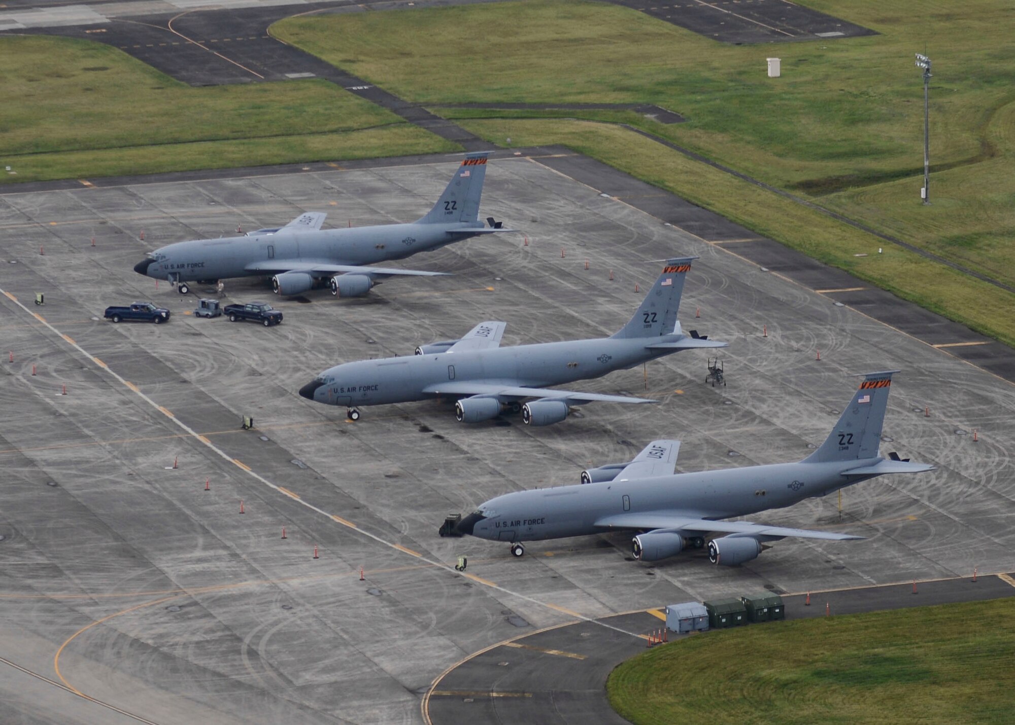 KC-135 Stratotanker aircraft are parked at Yokota Air Base, Japan, Oct. 7, 2013. 18 aircraft from Kadena Air Base and Marine Corps Air Station Futenma diverted to Yokota due to the impact of two typhoons. (U.S. Air Force photo by Airman 1st Class Meagan Schutter)
