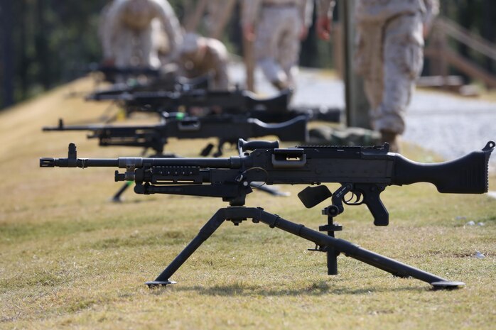 A row of M240B medium machine guns await use in the live-fire portion of the Battle Skills Training School machine gunner course, attended by Marines with 2nd Marine Logistics Group aboard Camp Lejeune, N.C., Oct. 4, 2013. The students in the course trained with M240Bs along with MK19 Grenade launchers and M2 Browning .50-caliber machine guns, although they only fired live rounds with M240Bs and M2s.