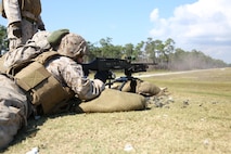 A Marine with 2nd Marine Logistics Group fires an M240B medium machine gun during a live-fire exercise portion of the Battle Skills Training School machine gunner course aboard Camp Lejeune, N.C., Oct. 4, 2013. Marines going through the course attended daily classes about proper machine gun use and ran the endurance course, a 3.4-mile obstacle course, prior to firing the weapons at the end of the two-week course.
