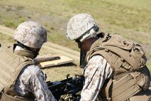 Marines with 2nd Marine Logistics Group check clearance space for the bolt, or headspace, inside an M2 Browning .50-caliber machine gun during the live-fire exercise portion of the Battle Skills Training School machine gunner course aboard Camp Lejeune, N.C., Oct. 4, 2013. Ensuring proper headspace within the weapon is crucial to preventing damage to the weapon or injury to the gunner while firing, following a barrel change. 