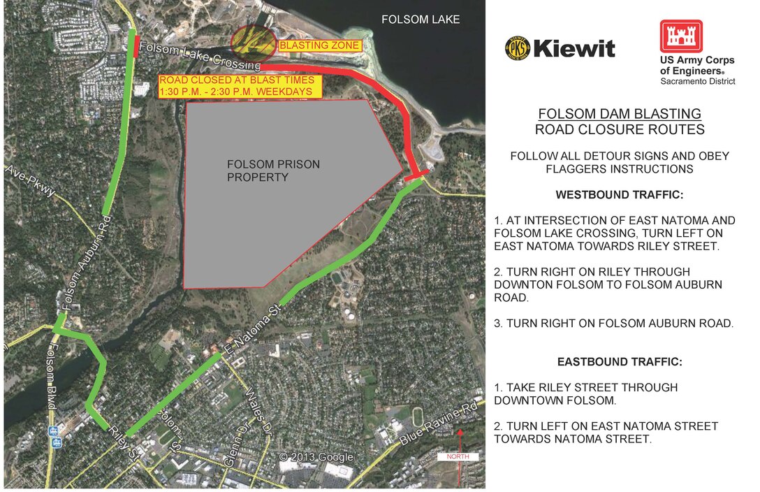 Map shows detour routes vehicles will be directed to during hour-long closures for blasting at Folsom Lake Crossing Road beginning Oct. 24 as part of the fourth phase of the Corps' auxiliary spillway project. 