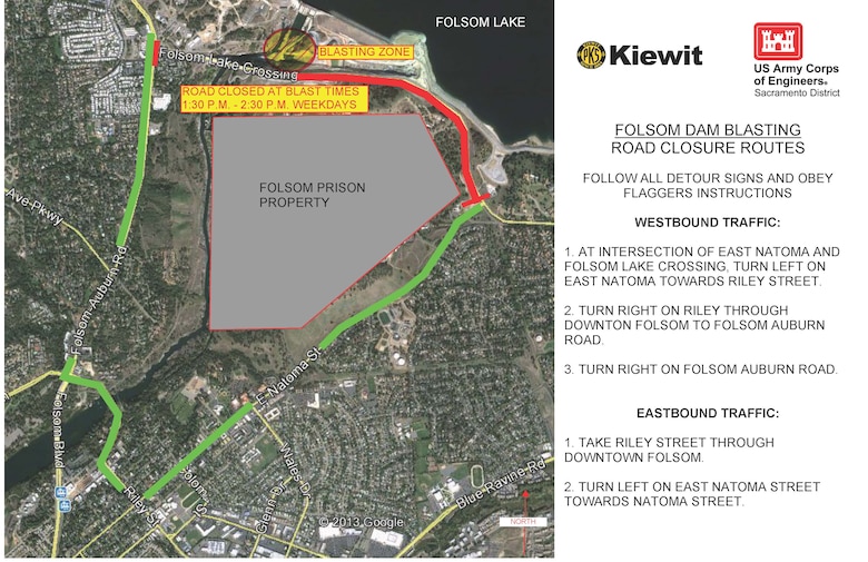Map shows detour routes vehicles will be directed to during hour-long closures for blasting at Folsom Lake Crossing Road beginning Oct. 24 as part of the fourth phase of the Corps' auxiliary spillway project. 