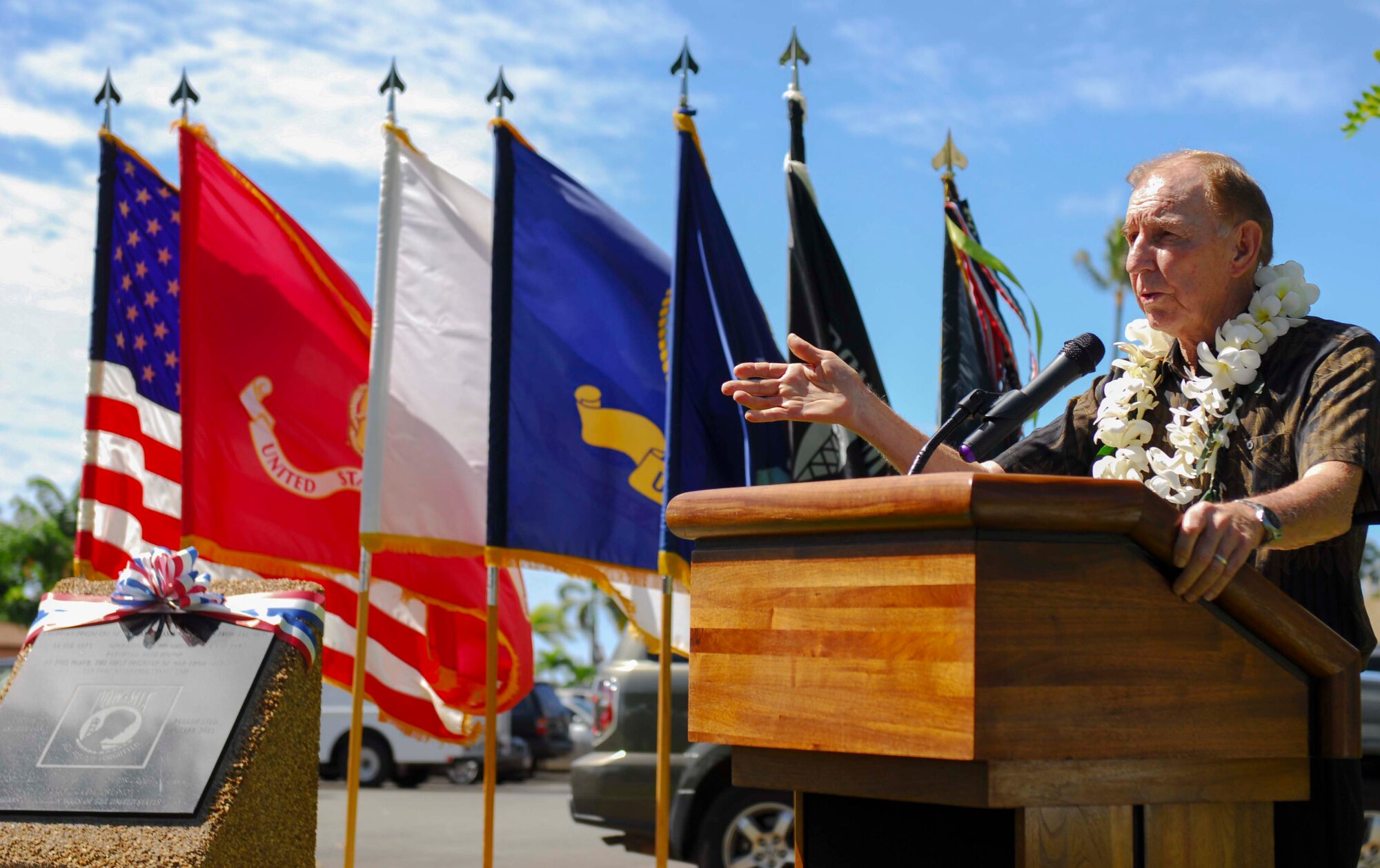 Retired Capt. Jerry Coffee, former Vietnam prisoner of war, speaks during the rededication ceremony of the Operation Homecoming memorial at the rededication ceremony at Joint Base Pearl Harbor-Hickam, Hawaii, on Oct. 7, 2013. Coffee was among the 591 POWs returned home between Feb. 12 to April 1, 1974, after the U.S. and the Democratic Republic of Vietnam signed the peace treaty which ended the Vietnam War. (U.S. Air Force photo/Wiley Moore)