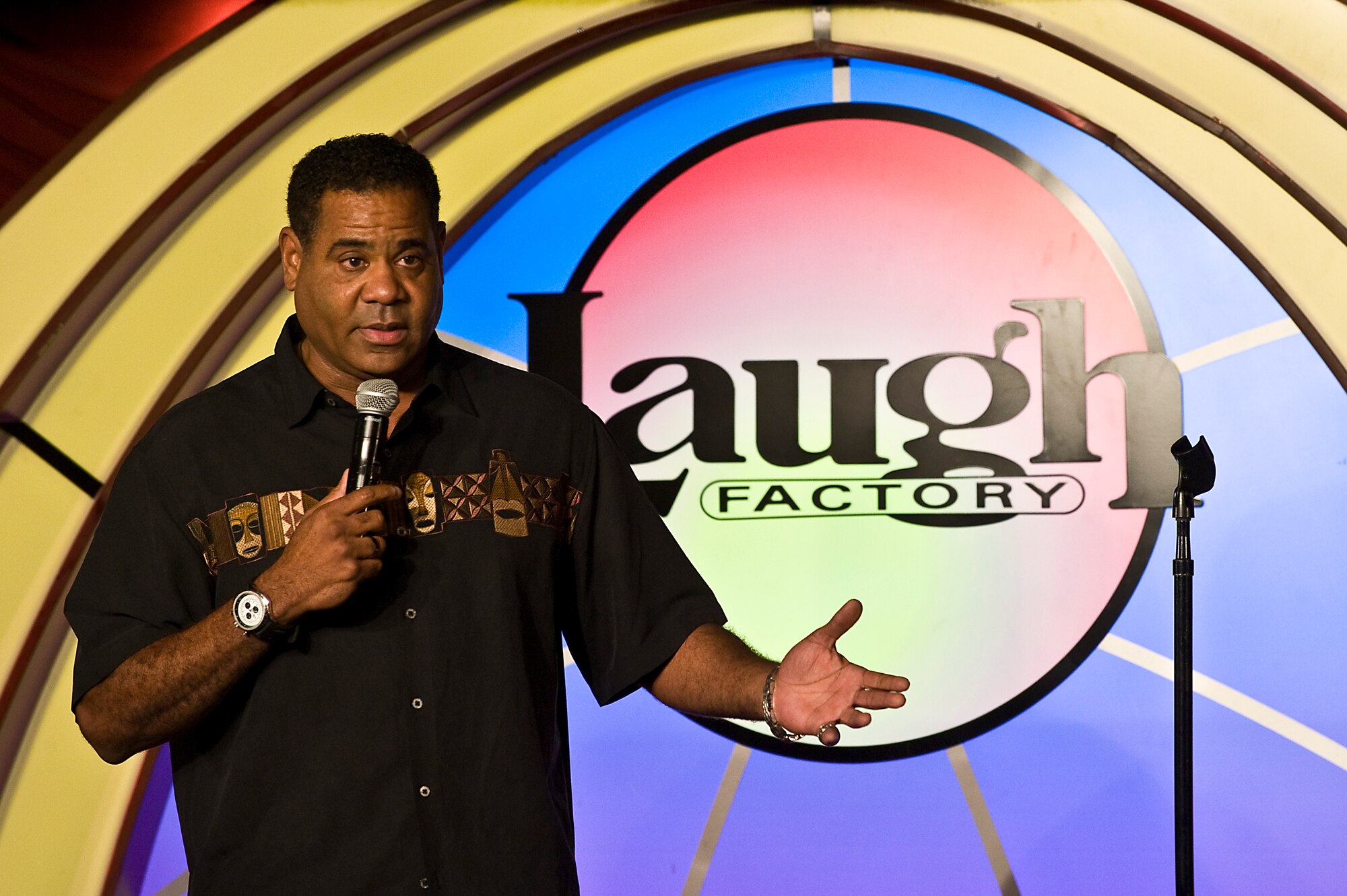 Juan Canopii, a staff sergeant a114th Fighter Squadron aircrew flight equipment technician, Oregon Air National Guard and comedian, performs at the Laugh Factory at the Tropicana Hotel and Casino Oct. 5, 2013, in Las Vegas. Canopii began his acting in 1990 while he was on active-duty in the Air Force while stationed at Hickam AFB, Hawaii. He now performs at high-visibility venues and acts in television shows and movies but remains in the Air National Guard to continue to serve his country. (U.S. Air Force photo by Senior Airman Matthew Lancaster)