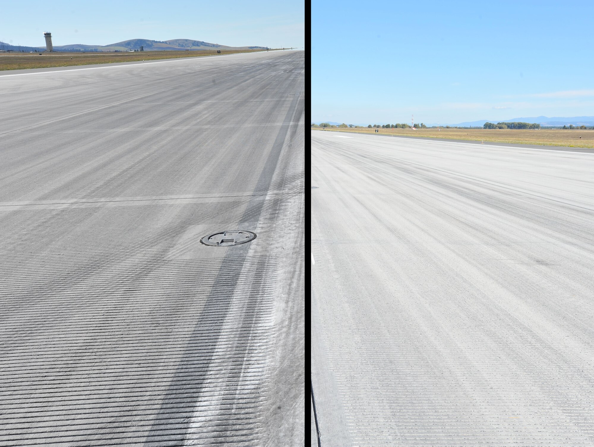 The flightline before the rubber removal process (left), and the flightline after (right). The 92nd Civil Engineer Squadron snow barn team gathered with the 92nd CES fire department to conduct rubber removal on more than 4,000 feet of Fairchild’s flightline, Oct. 4, at Fairchild Air Force Base, Wash. (U.S. Air Force photo by Staff Sgt. Veronica Montes)