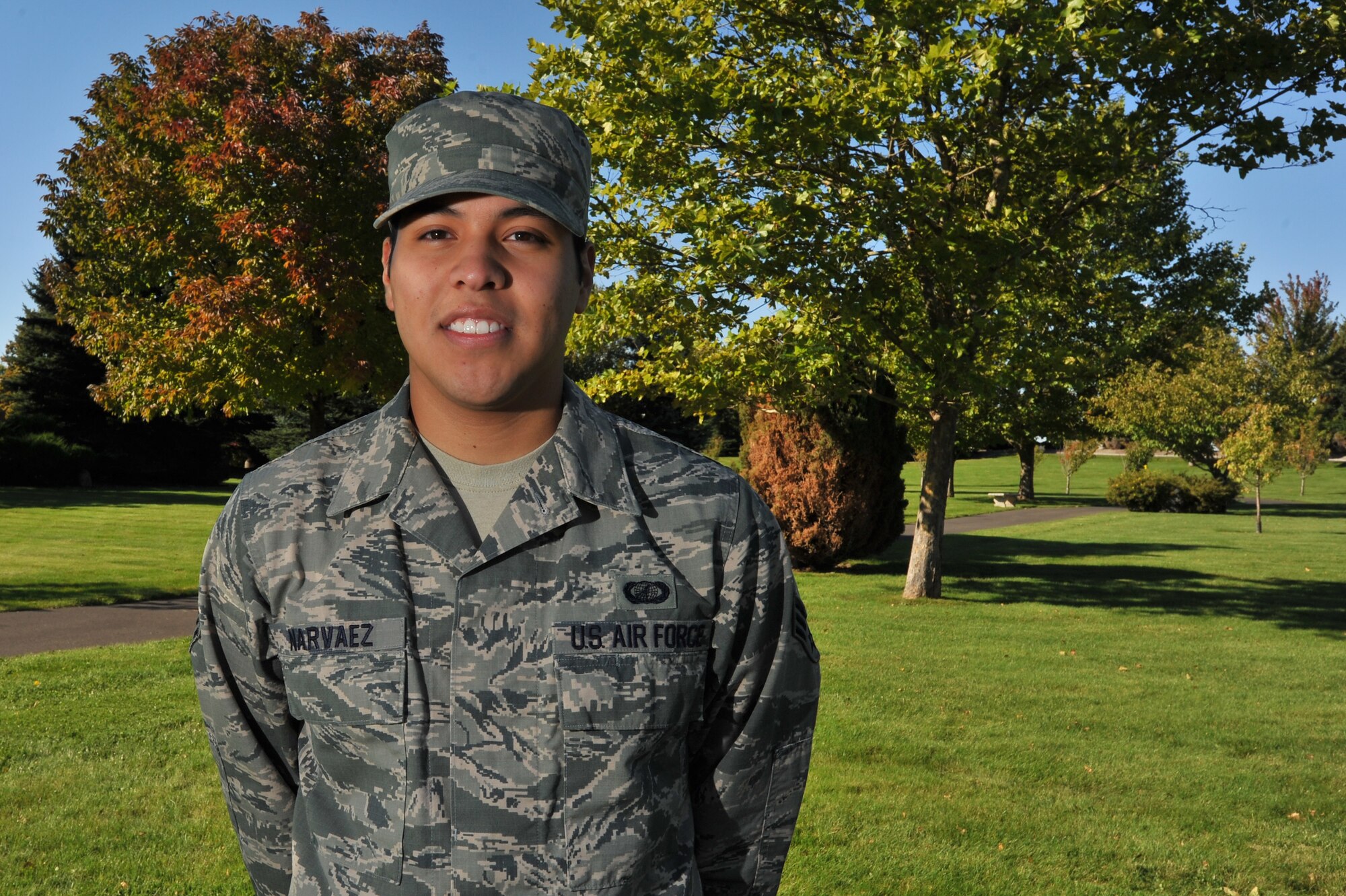 Senior Airman Richard Narvaez, 92nd Comptroller Squadron financial analysis, was presented an Air Force Commendation Medal by Maj. Kevin Watts, 92nd CPTS commander, Sept. 27,2013, for his off-duty actions and act of heroism. Narvaez rescued a man and his son from potentially drowning May 11, 2013, at Clear Lake Recreation Area, Cheney, Wash. (U.S. Air Force photo by Staff Sgt. Veronica Montes)