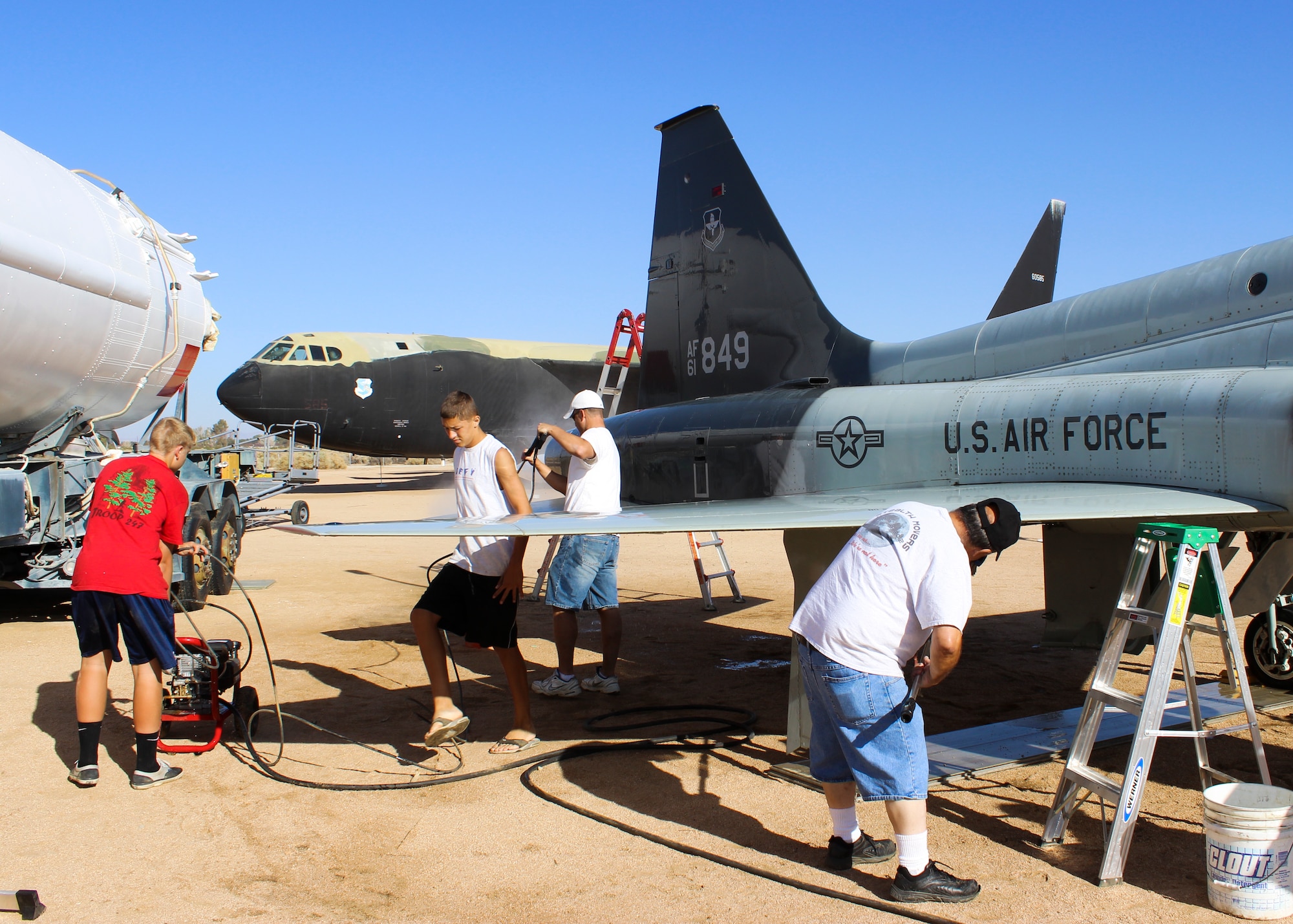 Volunteers pressure washed the T-38 on display at the AFFT Museum Sept. 21 as part of Jacob Huck’s Eagle Scout project. The Desert Junion-Senior High Schoool student hopes to reach Eagle Scout before the end of the year. (Courtesy photo)