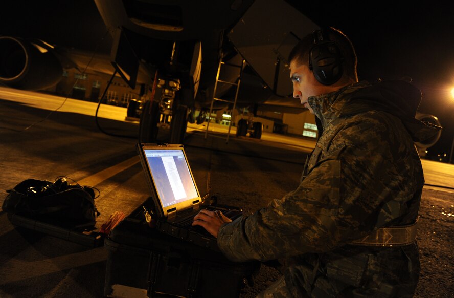 Airman 1st Class Steven Richichi, 92nd Aircraft Maintenance Squadron hydraulics specialist, gets the task open for the co-pilot instrument power supply operational check during a preflight inspection of a KC-135 Stratotanker on the flightline at Fairchild Air Force Base, Wash., Sept. 25, 2013. (U.S. Air Force photo/Airman 1st Class Janelle Patiño)