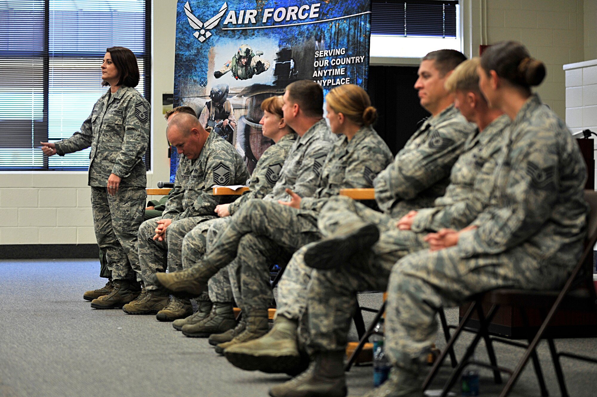 U.S. Air Force Senior Master Sgt. Neely Guidry, 9th Air Force, speaks during a combat and deployment-leadership event, Shaw Air Force Base S.C, Oct. 4, 2013.  The event was held to help Airmen gain the knowledge and advice from Airmen that have deployed and dealt with combat and its stressors. (U.S. Air Force photo by Airman 1st Class Jensen Stidham/ Released)