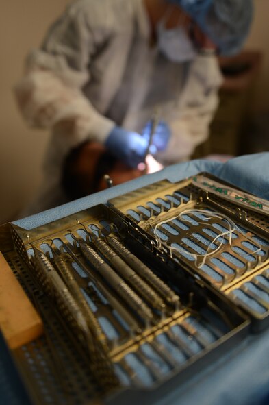 Staff Sgt. Tonya Collett, 20th Dental Squadron dental technician, uses a variety of tools to clean patients’ teeth at Shaw Air Force Base, S.C., Sept. 30, 2013. It is recommended to have a cleaning done once to twice a year. (U. S. Air Force photo by Airman 1st Class Krystal M. Jeffers/Released)