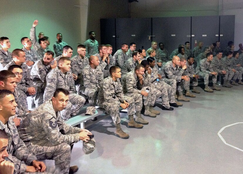3rd Aerial Port Squadron Airmen listen to alcohol awareness briefings on Oct 2 at Pope Army Airfield, Fort Bragg, N.C.  (U.S. Air Force photo/2nd Lt. Henry Kehs)