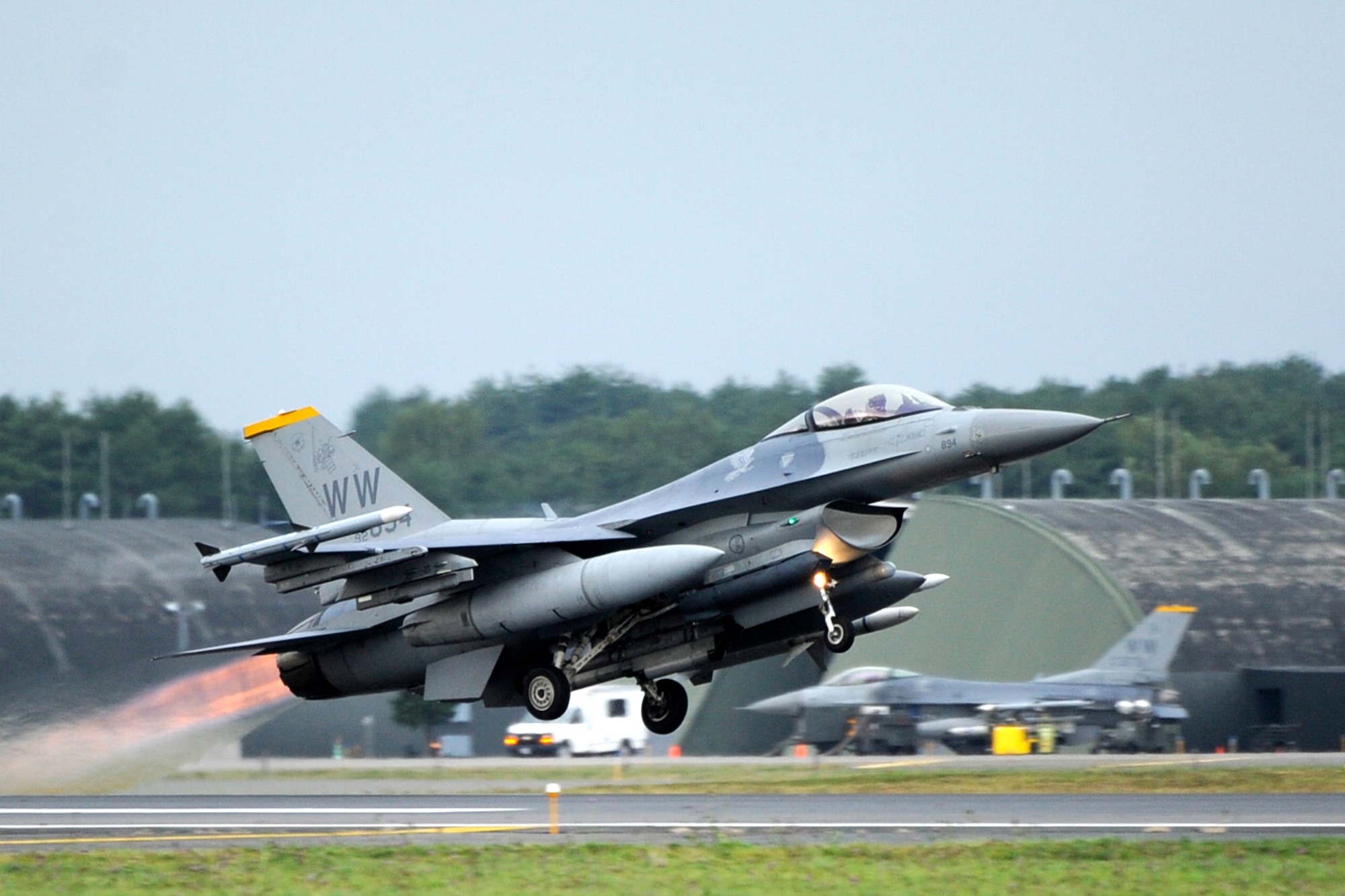MISAWA AIR BASE, Japan – An F-16 Fighting Falcon from the 14th Fighter Squadron takes off during Operational Readiness Exercise at Misawa Air Base, Japan, Oct. 7, 2013. On average, more than 40 aircraft take off daily during the ORE to practice suppression of enemy air defenses and to provide a quick reaction capability to the Pacific Command theater. (U.S. Air Force Staff Sgt. Tong Duong/ Released)
