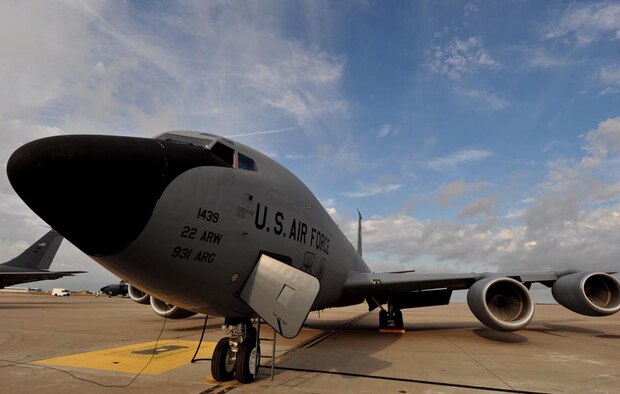 A KC-135 Stratotanker sits on the flight line at McConnell Air Force Base, Kan. Oct. 4, 2013. It is one of 62 tankers assigned to the base’s fleet. (U.S. Air Force photo/Staff Sgt. Jess Lockoski)