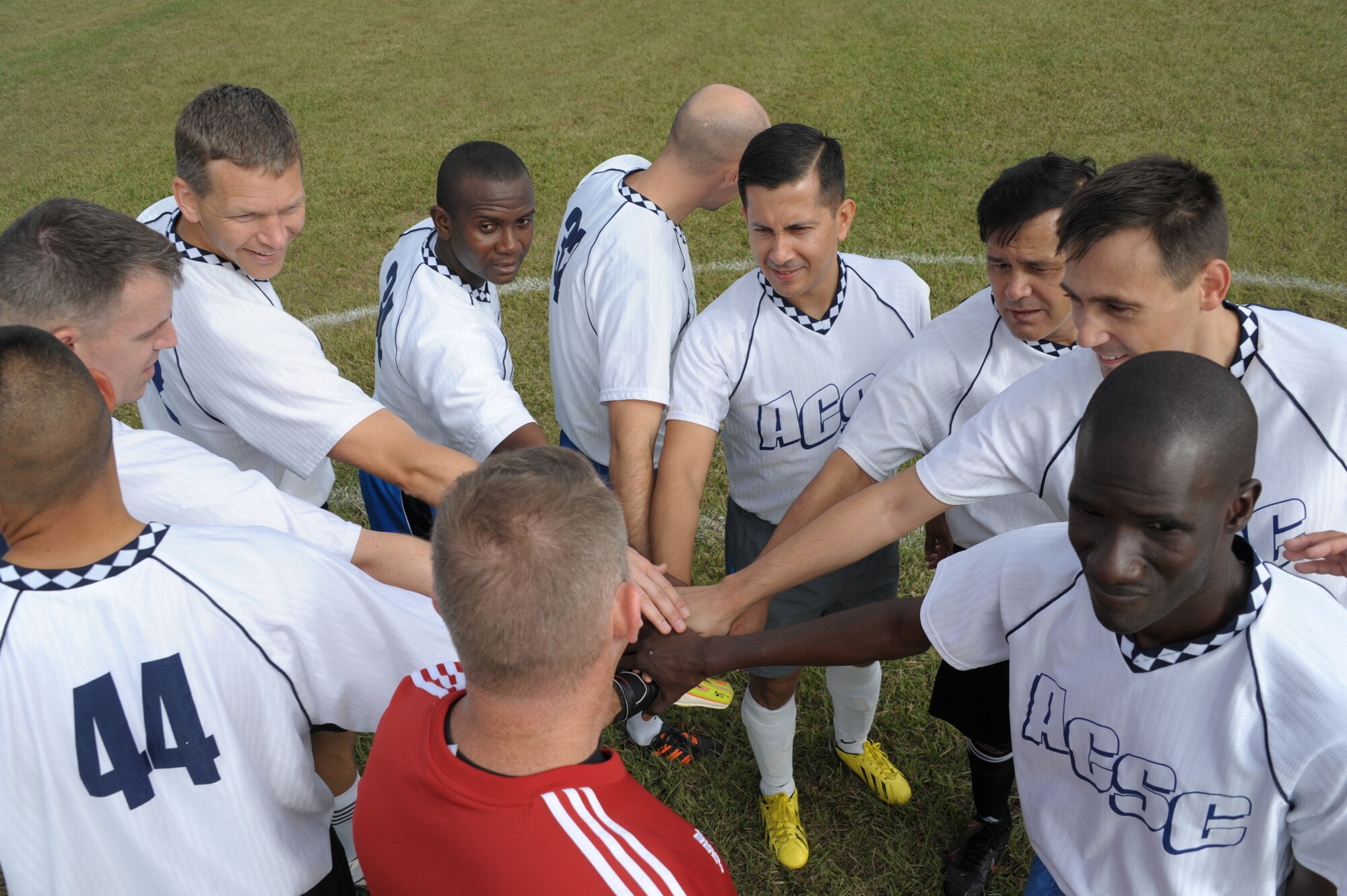Students from Air Command Staff Collegeprepare for a soccer game against Air War College on Maxwell Air Force Base, Oct. 8. The game was part of a 2-day competition between the academic powerhouses compiling of approximately 20 events, both scholastic and athletic. (U.S. Air Force photo by Airman 1st Class William Blankenship)