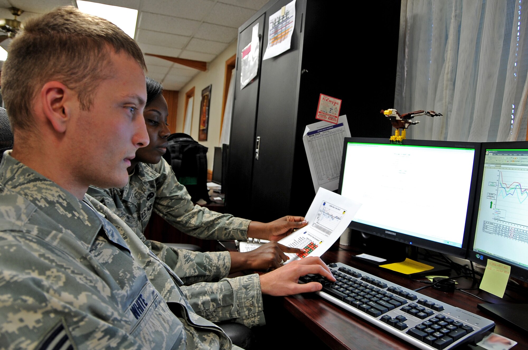 Senior Airmen Joshua White and Delois Cole, both from the 2nd Bomb Wing maintenance analyst section, enter historical maintenance information from the B-52H Stratofortress on Barksdale Air Force Base, La., Oct. 9, 2013. Historical maintenance information can assist Air Force Global Strike Commanders leaders in identifying repeat maintenance issues, prevent future problems, flying hours, phase inspections, depot maintenance and aircraft deployments.  (U.S. Air Force photo/Staff Sgt. Jason McCasland)