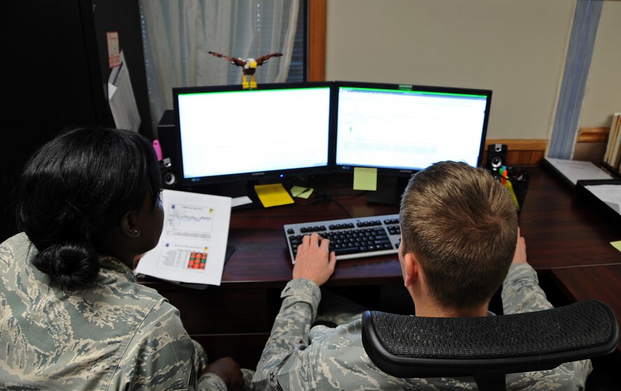 Senior Airmen Delois Cole Joshua White, both from the 2nd Bomb Wing maintenance analyst section, check historical maintenance documentation on Barksdale Air Force Base, La., Oct. 9, 2013. Maintenance analysts collect, monitor, audit, evaluate and analyze maintenance management information systems data. This information helps the 2nd Maintenance Group and Air Force Global Strike Commanders leaders anticipate aircraft maintenance issues before they happen and identify problem areas in the B-52 (U.S. Air Force photo/Staff Sgt. Jason McCasland)