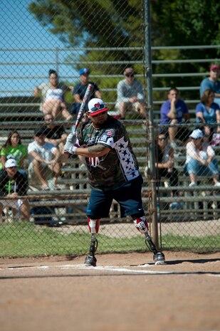Zachary Briseno, Wounded Warrior Amputee Softball Team member, stands in the batter’s box during a softball game against Nellis and Creech Air Force Bases’ Airmen at a baseball field at Freedom Park Oct. 5, 2013, at Nellis AFB, Nev. According to the WWAST’s website, the organization’s vision is to support and honor U.S. Military members and veterans sacrifices, and to show other amputees, and everyone who sees or hears about them, that life without a limb is limitless. (U.S. Air Force photo by Airman 1st Class Timothy Young)