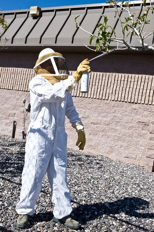 Airman 1st Class Steven Kaham, 99th Civil Engineer Squadron pest management journeyman, sprays a tree near Bldg. 1037 with a wood bearing ant and bee pesticide Oct 2, 2013, at Nellis Air Force Base, Nev. Controlling bee nests in trees near buildings can be difficult and hazardous.  Pest management is equipped to deal with bees when control is warranted to prevent people from getting stung. (U.S. Air Force photo by Senior Airman Matthew Lancaster)