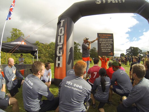 Members of the 352nd Special Operations prepare to start the Tough Mudder U.K. Southwest 2013 at Crickhowell, Wales, Sept. 21, 2013. All members of the “352 SOG Tough Mudders” team completed the 11-mile obstacle course, which according to Tough Mudder’s website, is “designed to test ones strength, stamina, determination and camaraderie.” (U.S. Air Force photo by Staff Sgt. Stephen Linch)