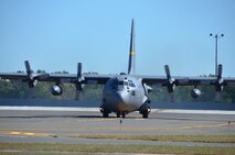 The first of eight C-130H aircraft expected to be assigned to the Connecticut Air National Guard’s 103rd Airlift Wing taxies onto the flightline at the Bradley Air National Guard Base moments after it touched down at Bradley International Airport, Windsor Locks, Conn., Tuesday, Sept. 24, 2013. (U.S. Air National Guard photo by Maj. Jefferson Heiland)
