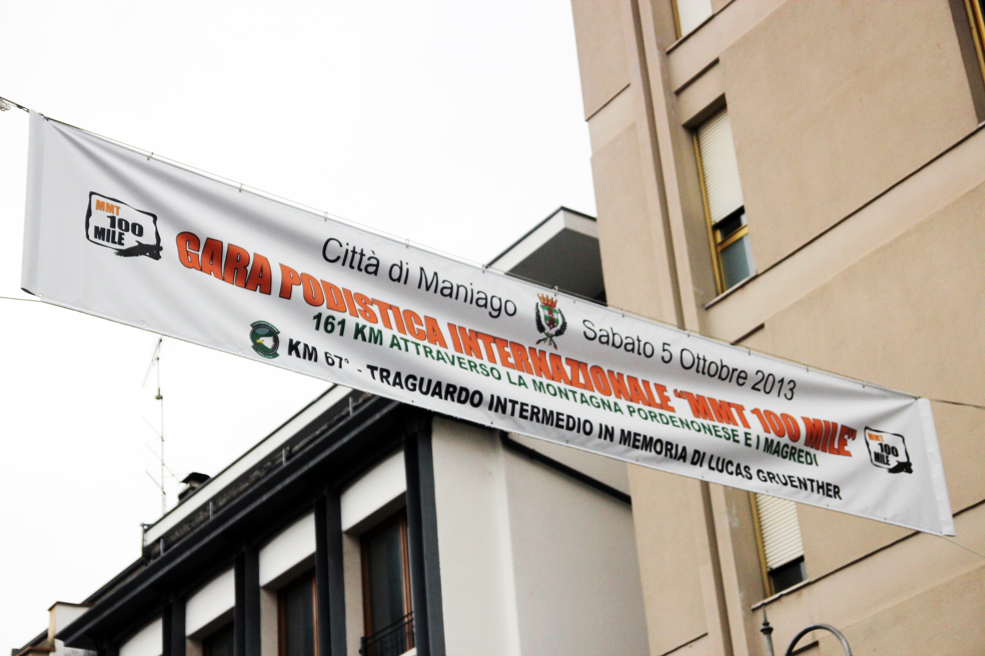 A banner in honor of Major Lucas 'Gaza' Gruenther hangs in Maniago, Italy at
the 41-mile mark during the Magredi 100-mile Ultra Trail Run that took place
Oct 5-7. (Courtesy Photo)
