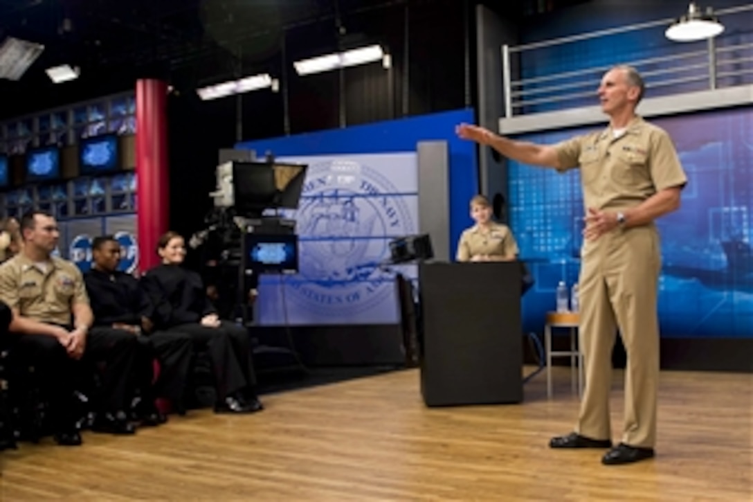 Chief of Naval Operations Navy Adm. Jonathan W. Greenert holds a worldwide, all-hands call from the Defense Media Activity on Fort Meade, Md., Oct. 8, 2013. Greenert answered questions via live, remote video casts, social media, phone-ins and prerecorded video questions. The all-hands call was part of a series of events this week to recognize the Navy's 238th birthday Oct. 13, 2013.