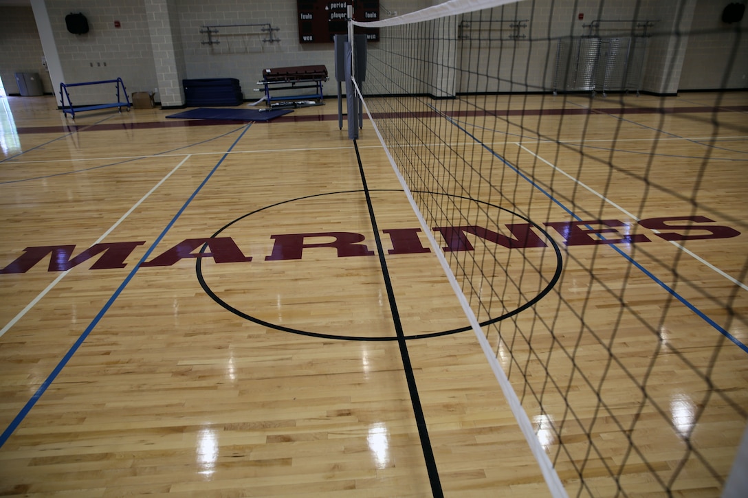 A volley ball net rests on a basket ball court in the Wallace Creek Fitness Center gymnasium, Oct. 7. The two basket ball courts can also be used as indoor volley ball courts.