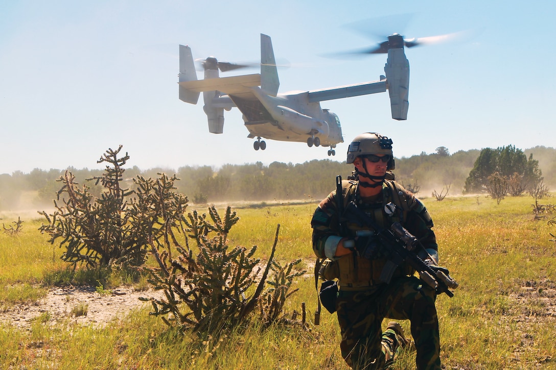 A U.S. Marine with Marine Special Operations Battalion (MSOB) waits for a Marine Vessel-22B Osprey to land near Coloardo Springs Colo., Sept. 27, 2013. The purpose of the joint exercise was to test the fleet readiness of the bi-annual update to the MV-22B's software. 