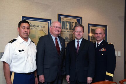 Left to right: Army Maj. Wayne Don, Alaska National Guard State Partnership Program director; Ambassador Jonathan Addleton; Alaska Gov. Sean Parnell; Army Maj. Gen. Thomas H. Katkus, adjutant general, Alaska National Guard. Ambassador Addleton made his first visit to Alaska to meet National Guard, community, and state leaders Oct. 21, 2011.