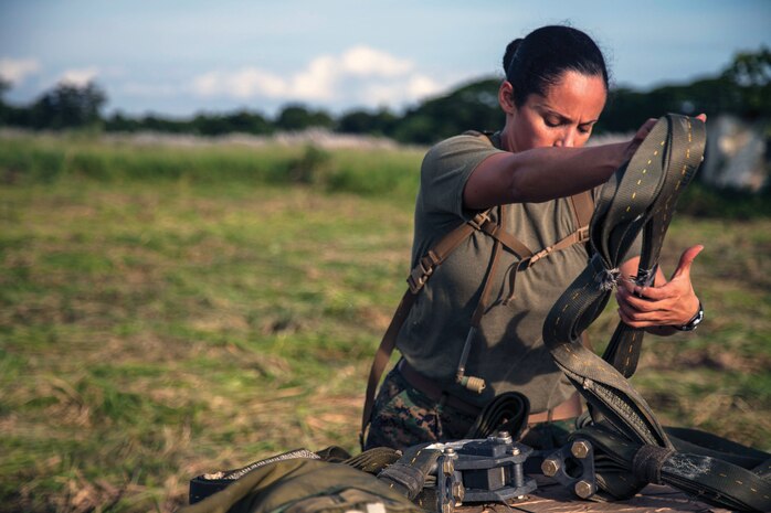 Staff Sgt. Crystal Salinas checks a pallet dropped from a KC-130J Hercules at a drop zone on Basa Air Base, Pampanga, Republic of the Philippines during mass supply load training Oct. 2 as part of Amphibious Landing Exercise 2014. During the training, Marines delivered supplies and equipment by parachute from a KC-130J Hercules aircraft, demonstrating expeditionary capabilities that could be used during humanitarian assistance and disaster relief missions. The recurrence of PHIBLEX, now in its 30th year, demonstrates the commitment of the U.S. and Republic of the Philippines to mutual security and their long-time partnership. Salinas is the paraloft chief and air delivery specialist with Combat Logistics Regiment 37, 3rd Marine Logistics Group, which is currently part of the logistics combat element for 3d Marine Expeditionary Brigade, III Marine Expeditionary Force. (Marine Corps photo by Lance Cpl. Anne K. Henry/RELEASED)